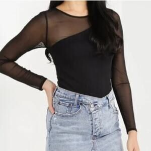 Abercrombie Black Sheer Mesh One Shoulder Long Sleeve Top XL Neutral Minimalist